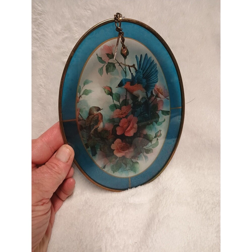Carolyn Shores Wright Glass Sun Catcher Birds Window Hanging Oval Brass Edge